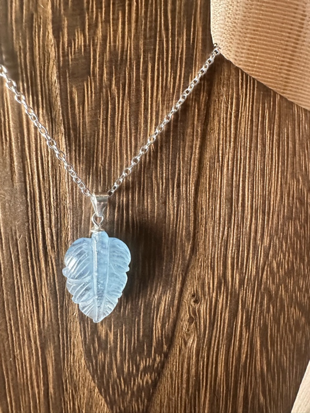Small Aquamarine Leaf Pendant on Sterling Silver Bail and Silver Plated Chain - Picture 12 of 15